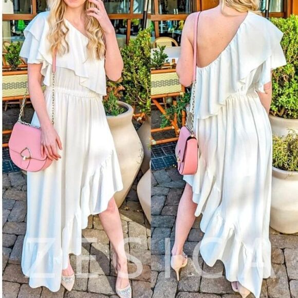 Summer Boho One Shoulder Sleeveless Ruffle Asymmetrical High Low Long Dress XL - Picture 4 of 8